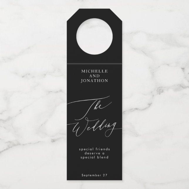 Elegant Black & White Modern Calligraphy Wedding Bottle Tag (Front)