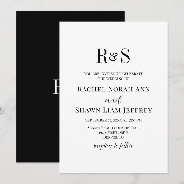 Elegant Black & White Modern Monogram Wedding Invitation (Front/Back)