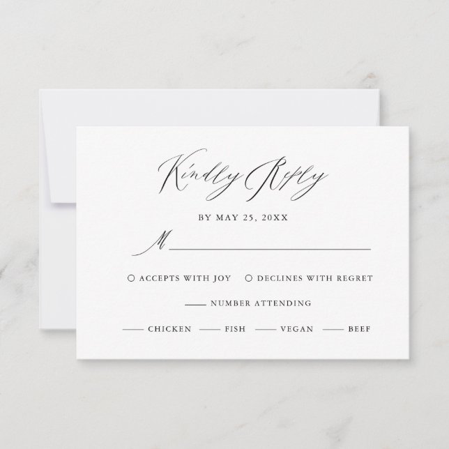 Elegant Black White Modern Script Wedding RSVP Card (Front)