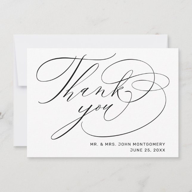 Elegant Black White Modern Script Wedding Thank You Card (Front)