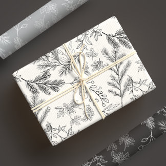 Elegant Black & White Monochrome Winter Botanicals Wrapping Paper Sheet