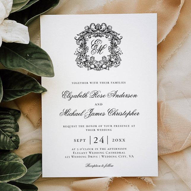 Elegant Black White Monogram Crest Wedding Invitation (Creator Uploaded)