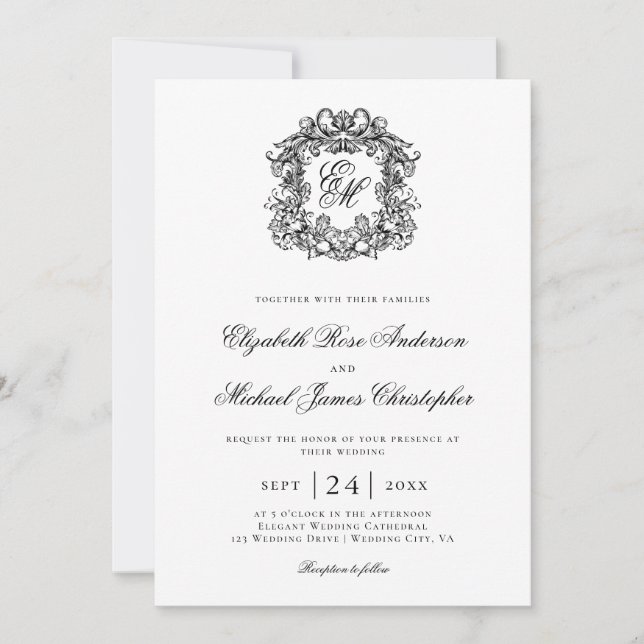 Elegant Black White Monogram Crest Wedding Invitation (Front)