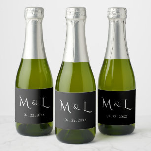 Elegant Black White Monogram & Date Wedding Sparkling Wine Label