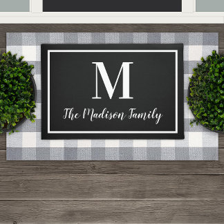 Elegant Black White Monogram Family Name Doormat