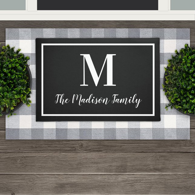 Elegant Black White Monogram Family Name Doormat (Creator Uploaded)