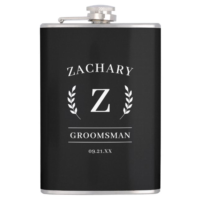 Elegant Black & White Monogram Groomsmen Gift Hip Flask (Front)