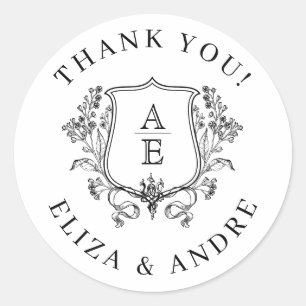 Elegant Black & White Monogram Leaf Crest Wedding Classic Round Sticker