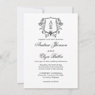 Elegant Black & White Monogram Leaf Crest Wedding Invitation