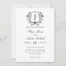Elegant Black & White Monogram Leaf Crest Wedding