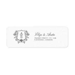 Elegant Black & White Monogram Leaf Crest Wedding Return Address Label