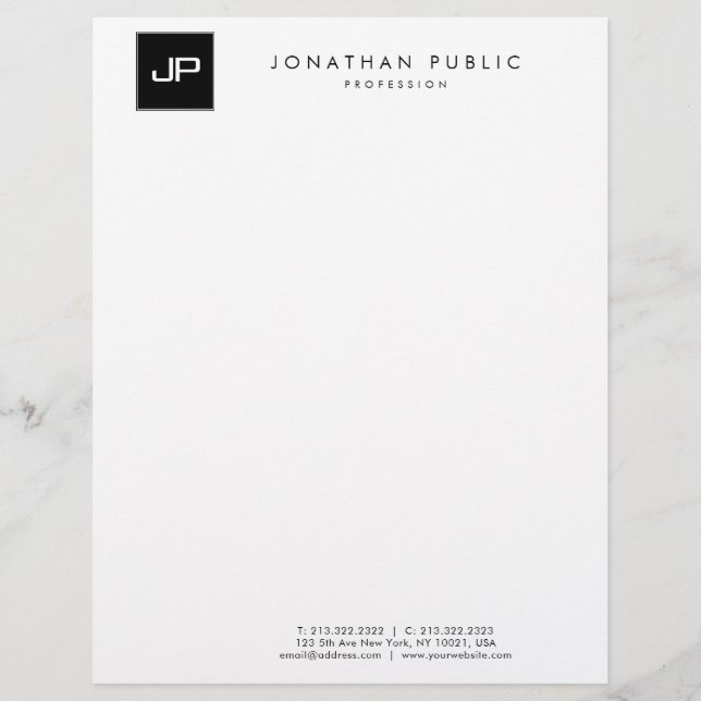 Elegant Black White Monogram Minimalist Template Custom Letterhead (Front)