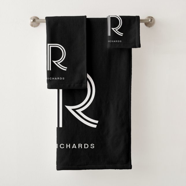 Elegant black white monogram name bath towel set (Insitu)