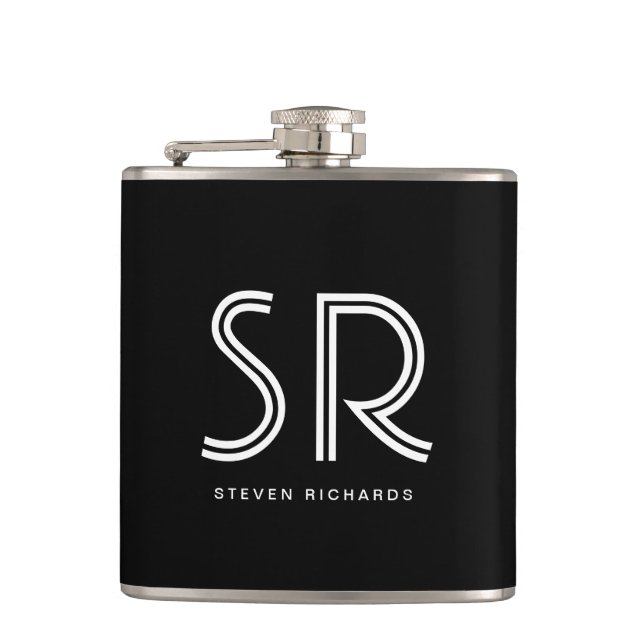 Elegant black white monogram name hip flask (Front)