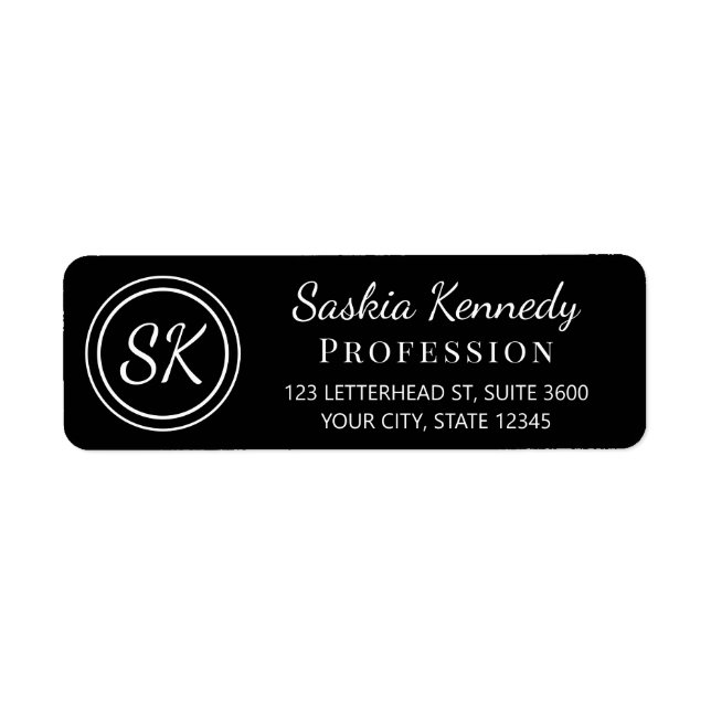 Elegant Black White Monogram Return Address Label (Front)
