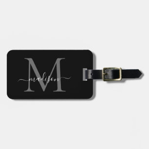 Elegant Black White Monogram Script Name Stylish Luggage Tag