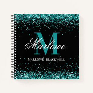Elegant Black White Monogram Teal Glitter Notebook