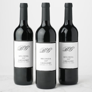 Elegant Black White Monogram Wedding Favour Wine Label