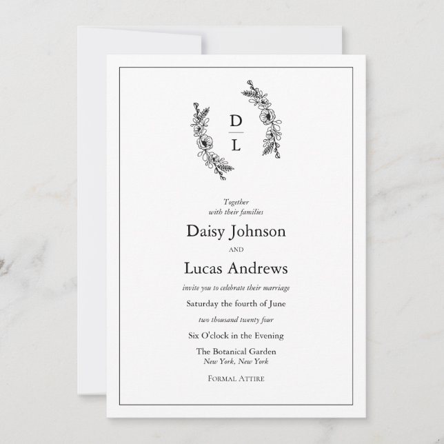 Elegant Black & White Monogram Wedding Invitation (Front)