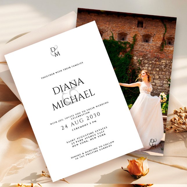 Elegant Black&White Monogram Wedding Photo  Invitation (Creator Uploaded)