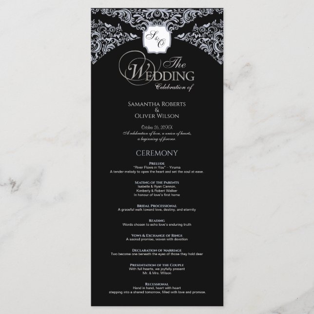 Elegant Black & white Monogram Wedding Program  (Front)