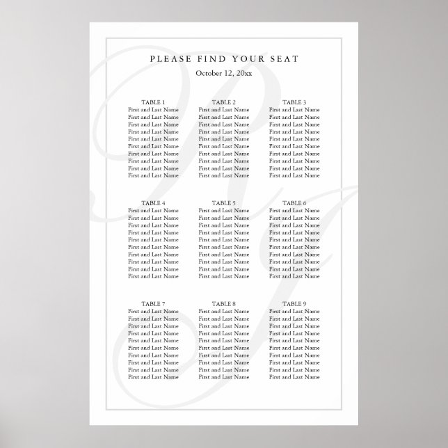 Elegant Black White Monogram Wedding Seating Chart (Front)