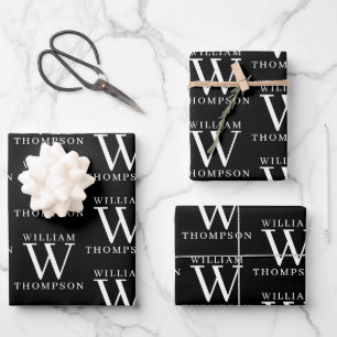 Elegant Black & White Monogrammed Name Initial Wrapping Paper Sheet