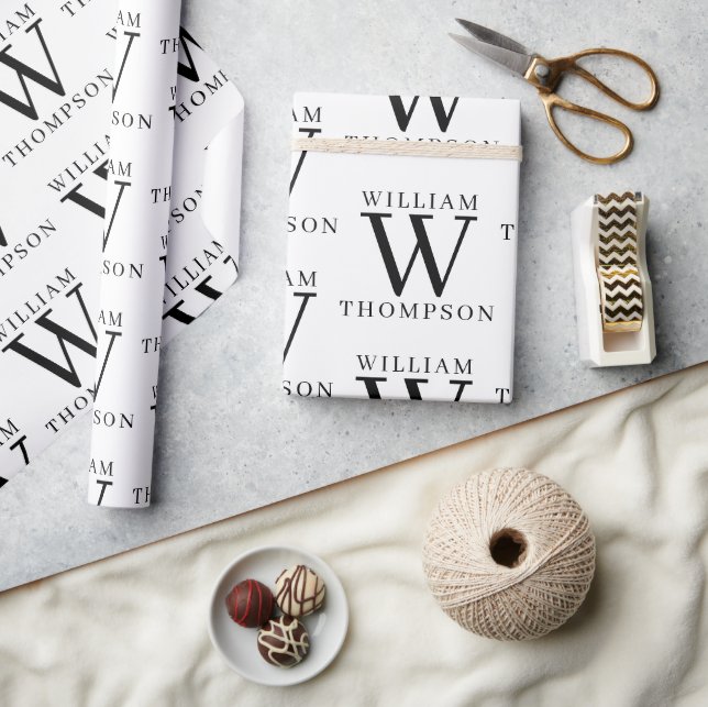 Elegant Black & White Monogrammed Name Wrapping Paper (Crafts)