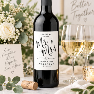 Elegant black & White Mr&Mrs Script Wedding Wine Label
