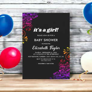 Elegant Black & White Neon Floral Girl Baby Shower Invitation