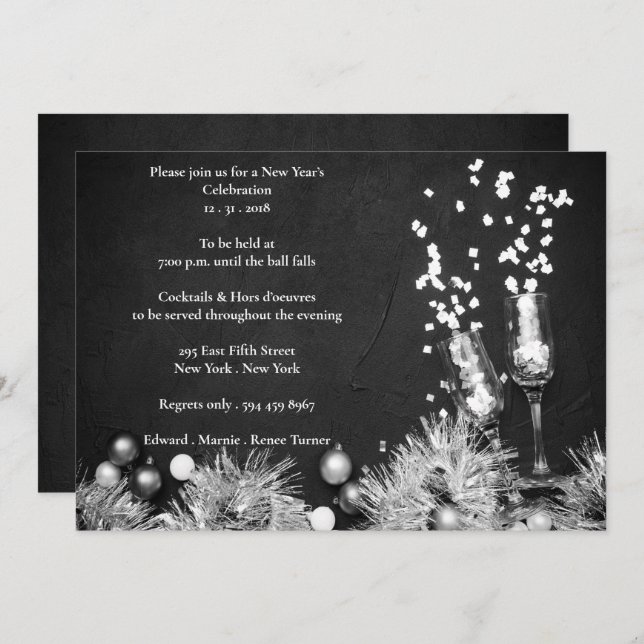 Elegant Black & White New Years Eve Party Invitation (Front/Back)