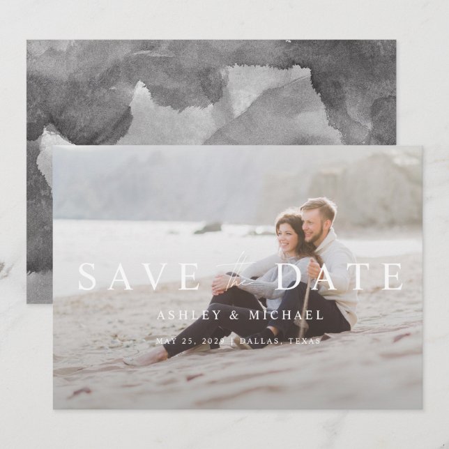 Elegant Black & White Overlay Photo Wedding Save The Date (Front/Back)