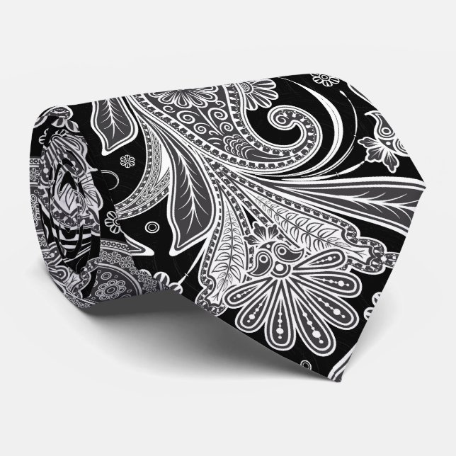 Elegant Black & White Paisley Pattern Tie (Rolled)