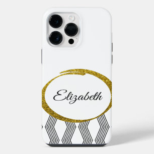 Elegant Black White Pattern Girly Gold Glitter iPhone 14 Pro Max Case