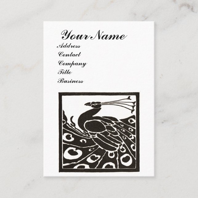 ELEGANT BLACK WHITE PEACOCK MONOGRAM BUSINESS CARD (Front)