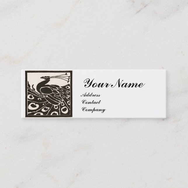 ELEGANT BLACK WHITE PEACOCK MONOGRAM MINI BUSINESS CARD (Front)