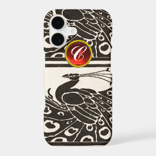 ELEGANT BLACK WHITE PEACOCK RED RUBY GEM MONOGRAM