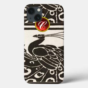ELEGANT BLACK WHITE PEACOCK RED RUBY GEM MONOGRAM iPhone 13 CASE