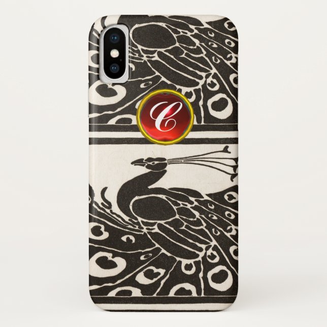 ELEGANT BLACK WHITE PEACOCK RED RUBY GEM MONOGRAM Case-Mate iPhone CASE (Back)