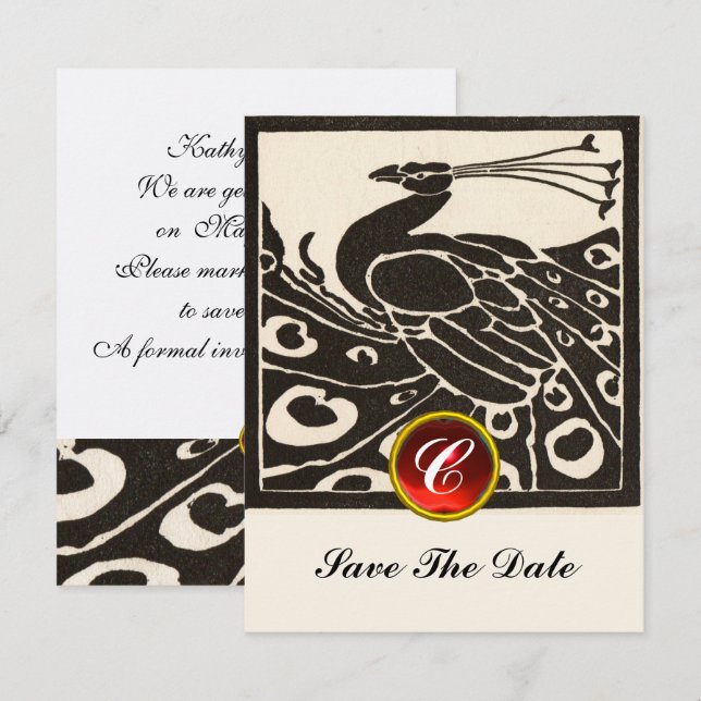 ELEGANT BLACK WHITE PEACOCK,RED RUBY GEM MONOGRAM  INVITATION (Front/Back)