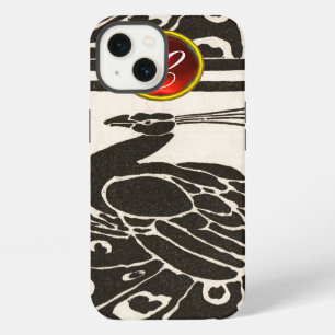 ELEGANT BLACK WHITE PEACOCK RED RUBY GEM MONOGRAM iPhone CASE