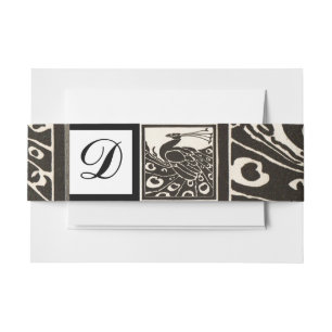 ELEGANT BLACK WHITE PEACOCK SQUARE MONOGRAM INVITATION BELLY BAND