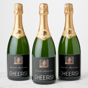 Elegant Black white Personalised Photo Name Script Sparkling Wine Label