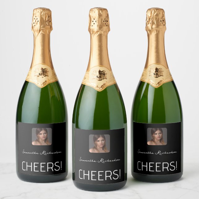 Elegant Black White Personalised Photo Name Script Sparkling Wine Label (Bottles)