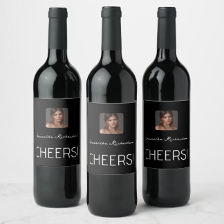 Elegant Black White Personalised Photo Name Script Wine Label