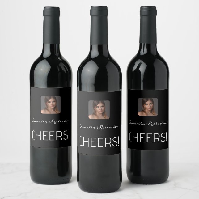 Elegant Black White Personalised Photo Name Script Wine Label (Bottles)