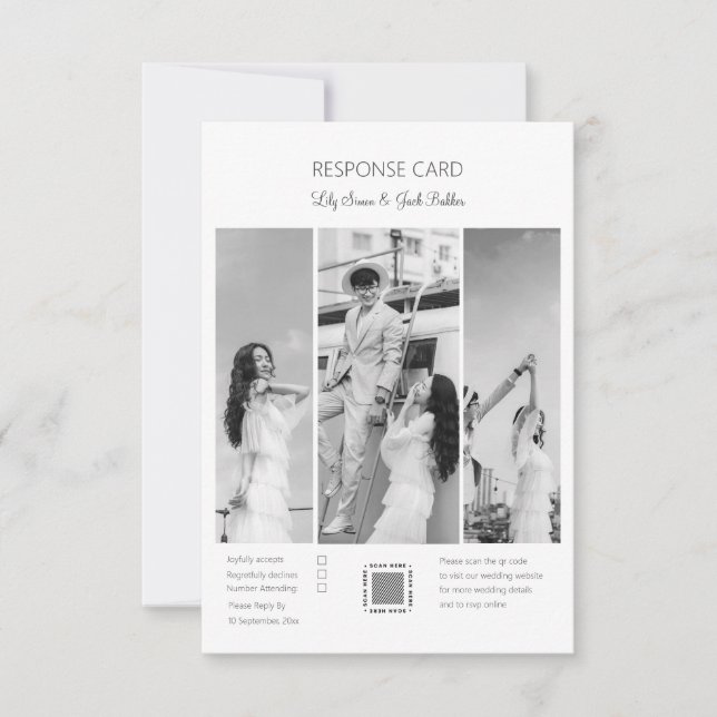 Elegant Black & White Photo Collage wedding RSVP Card (Front)