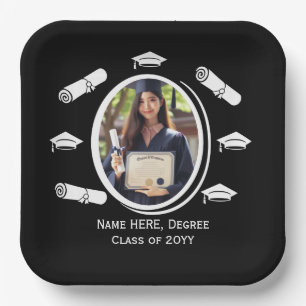Elegant Black & White Photo Graduation Cap Diploma Paper Plate