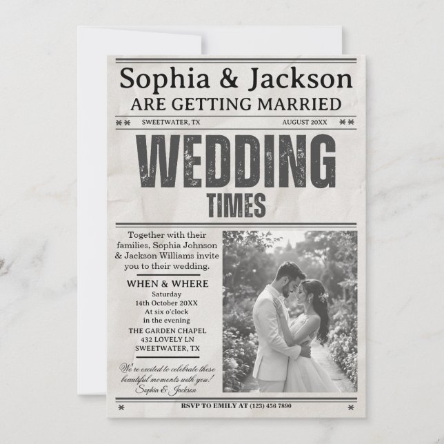 Elegant Black & White Photos Wedding Newspaper     Invitation (Front)