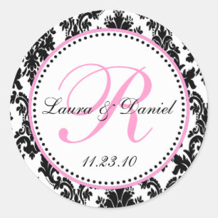Elegant Black White Pink Damask  Classic Round Sticker